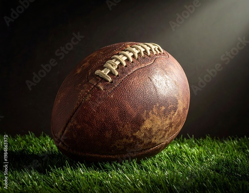 Worn football on bright green grass, illuminated by a light source against a dark backdrop