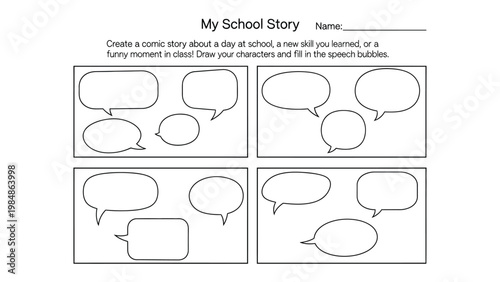 Comic Strip Template: Blank comic strip template with empty speech bubbles, inviting creators to illustrate their own narrative, ready for imaginative storytelling.