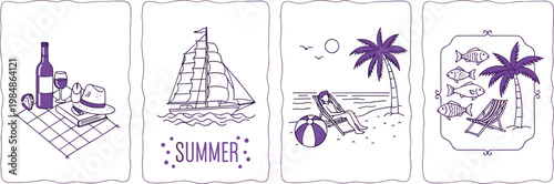 Summer postcard doodle set with beach picnic sailboat tropical island scenes hand drawn vector illustration collection