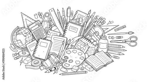 Educational Assortment: A detailed illustration showcases an array of stationery and educational tools, including notebooks, pencils, and geometric instruments.