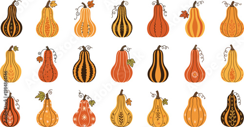 Large collection of decorative autumn pumpkin and gourd vector illustrations with unique patterns and textures for thanksgiving and fall seasonal designs.