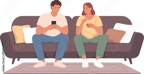 Young couple using smart phones and eating popcorn sitting on couch at home spending time together on weekend