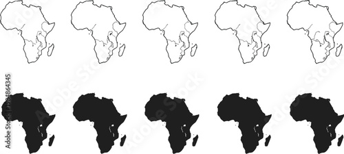 Set of African continent map silhouettes and outlines featuring various regional highlights for geography, travel, education, and design projects.