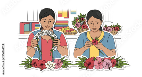 women making flower garlands, floral decorations, traditional craft