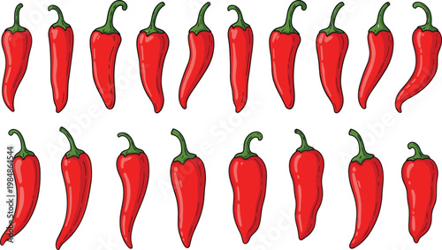 Large set of red hot chili pepper icons in hand drawn sketch style for spicy food menus Mexican restaurant branding and culinary themes.