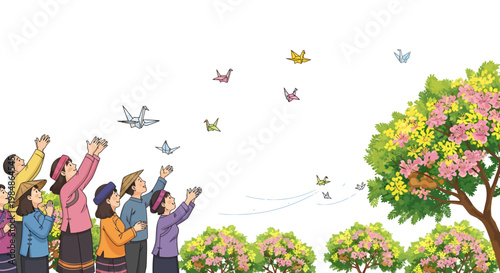People releasing colorful butterflies into the air outdoors
