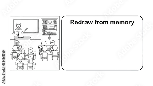 Memory Recalling Classroom: A classroom scene of students drawing from memory. Depicting a scene of drawing to trigger memory recollection, a unique illustration.