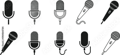 Collection of professional microphone icons including studio condenser and handheld dynamic styles for podcasting broadcasting and audio recording equipment.