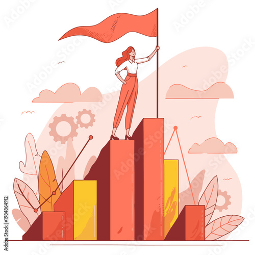 Businesswoman Holding Flag on Bar Chart Growth Concept Background