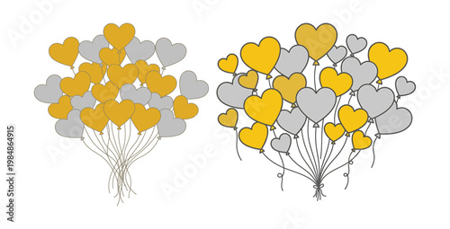 Two bunches of yellow and gray heart shaped balloons