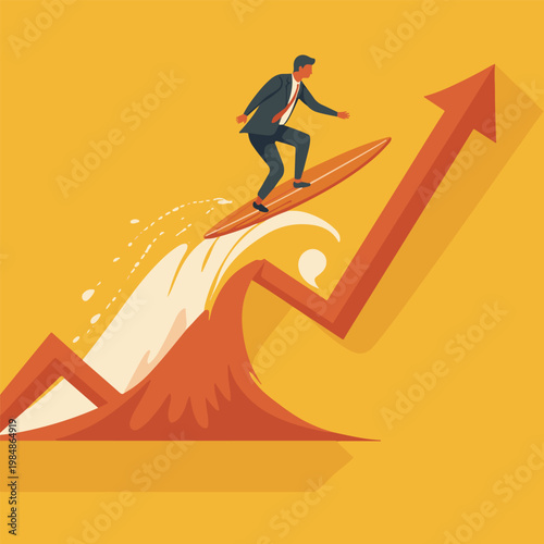 Businessman Surfing on Rising Financial Growth Chart Arrow Background
