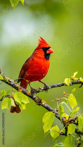Vibrant red cardinal perched on a branch with small green leaves, set against a blurred verdant background