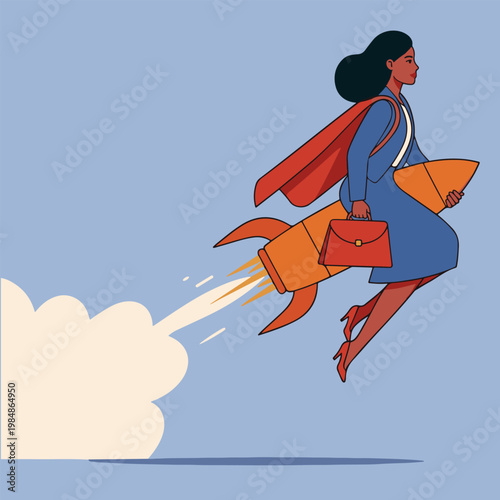 Businesswoman Flying on Rocket Success Startup Concept Background