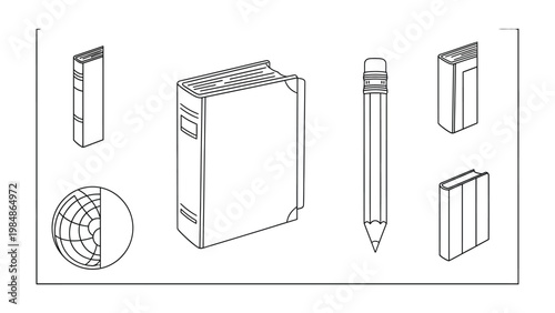 Canvastavla Illustrated Tools of Knowledge: A collection of meticulously drawn books, a pencil, and a globe, all aligned in perfect unison, representing the building blocks of education, innovation, and wisdom