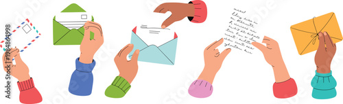 Diverse hands holding paper envelopes and letters set in flat cartoon style for mail communication and postal service vector landing page designs.