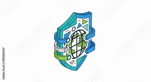 Isometric Global Security Shield Icon with Earth Globe for Cybersecurity, Data Protection, and Network Privacy Concept - Vector Illustration on White Background