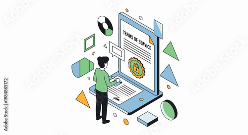 Digital signature and terms of service concept, isometric vector illustration of person signing online legal agreement on laptop screen