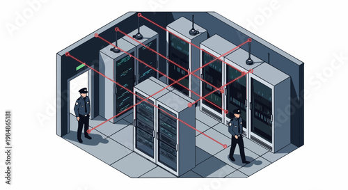 Isometric View of Secure Server Room with Security Guards and Red Laser Protection System, Representing Data Privacy and Cybersecurity