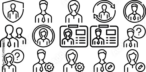 Collection of user profile icons representing people security and settings for web and app design isolated on white background