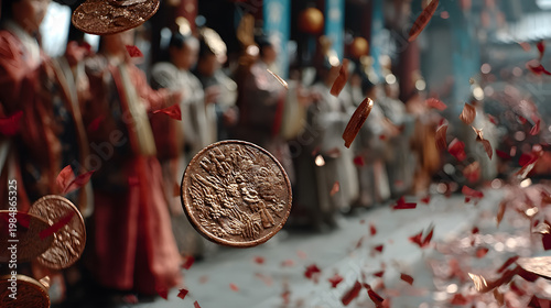 Coin Celebration: Gold coins and red paper pieces cascade through the air. A grand festival. A line of traditional clothing peoples. Embodying themes of heritage, prosperity, and ritual.
