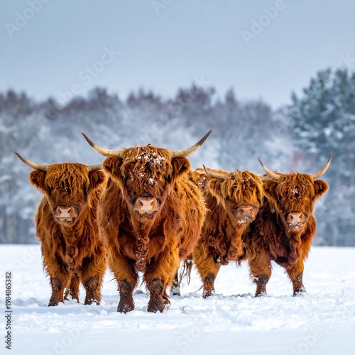 Four furry highland cows stand in a snowy field, gazing forward, wintery trees behind