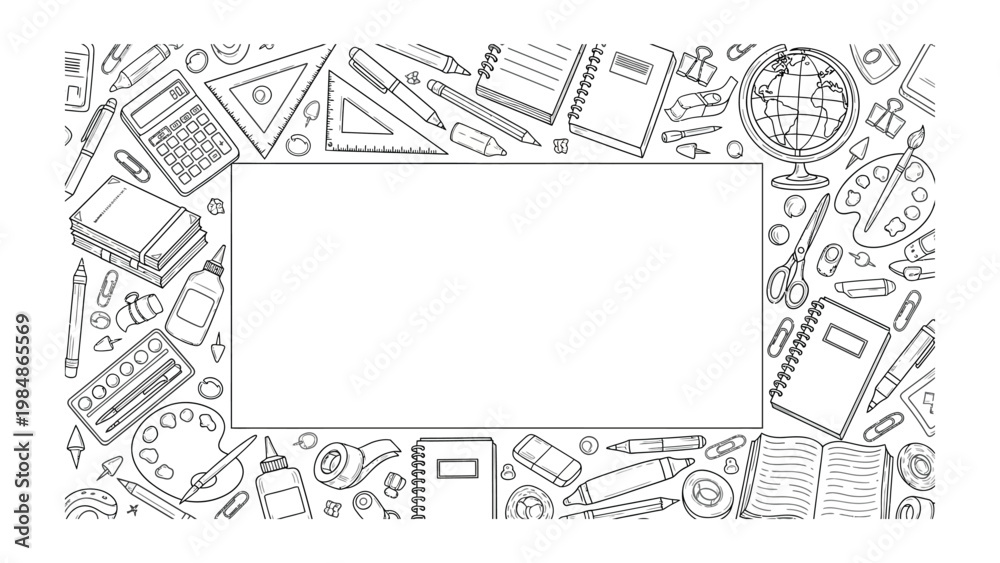 Obraz premium Stationery Study: A delightful array of study tools and equipment, from pencils to a globe, elegantly frame a blank space, perfect for educational concepts.