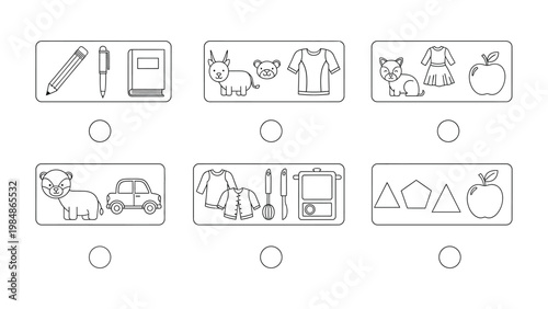 Educational Matching Game: An educational game in a black-and-white line drawing, designed to engage young learners in matching exercises, featuring various objects within organized boxes.