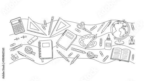 School Supplies Composition: An array of essential school supplies, carefully arranged in an illustrative composition. Featuring pens, pencils, notebooks, and more.