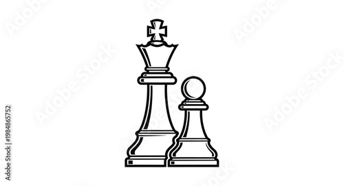 Chess pieces a king and pawn in black outline on transparent background silhouette