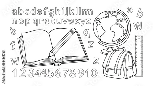 Back to School Essentials: A monochrome illustration showcases essential academic tools for students, including an open book, a sharp pencil, the alphabet, globe, backpack, and ruler.