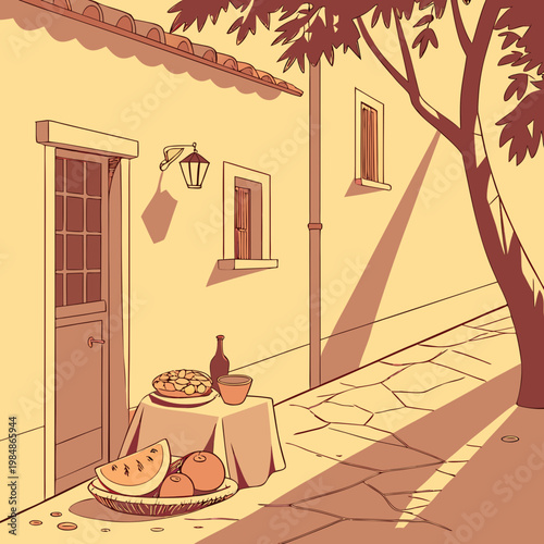 A table with fruit and a bottle on a sidewalk outside a house