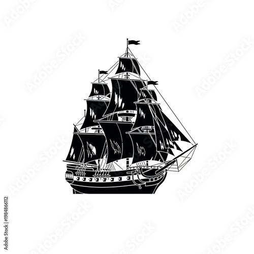 Black and White Illustration of a Majestic Tall Ship Sailing.