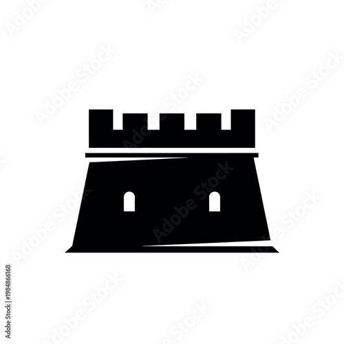 Black silhouette of a castle tower with battlements and windows.
