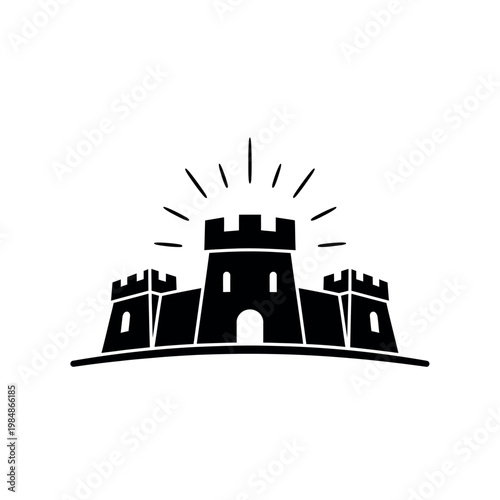 Black Silhouette of a Castle with Battlements and Rays of Light.