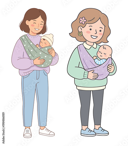 Two women wearing baby slings and holding their babies in a cute illustration