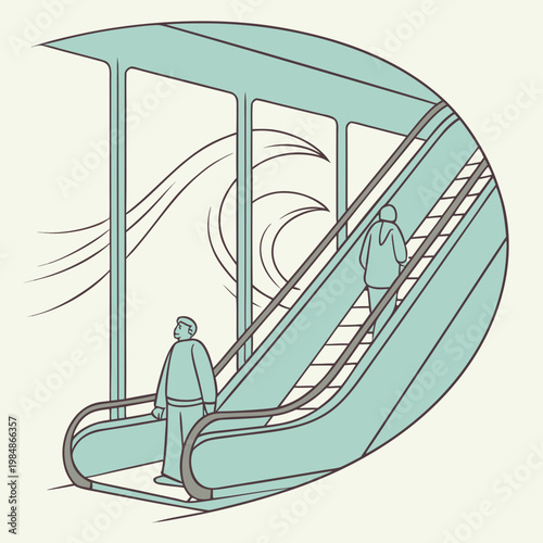 A man and woman on an escalator going up