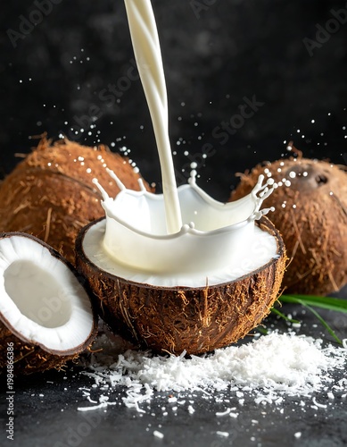 Coconut milk pouring into a halved coconut, creating a splash. Dark background