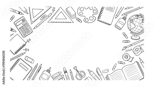 Academic Corner: A neatly arranged collection of school supplies, including books, pens, rulers, and a globe, forms a frame, inviting academic curiosity and a thirst for knowledge. 