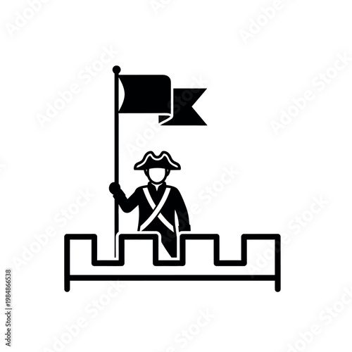 Revolutionary War Soldier Holding Flag on Castle Wall Icon.
