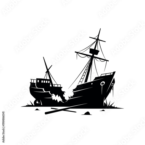 Silhouette of a Broken Shipwreck on a White Background.