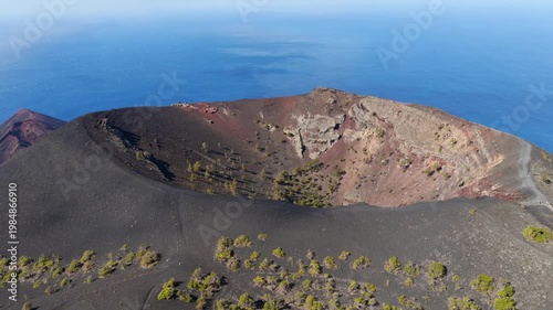 Aerial View Volcan San Antonio Crater in Fuencaliente La Palma Canary Islands Spain; Volcanic Geomorphology Tourism Landmark and Islas Canarias Geology