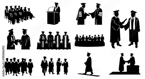 University graduation day ceremony silhouettes showcasing academic achievements and successful students in various stages of their educational journey, celebrating their hard work and dedication.