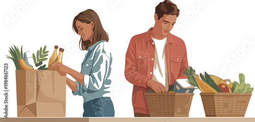 Couple putting away groceries from shopping bag and basket.