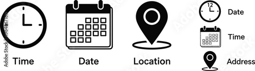 Time Date and Location Icon Set with Clock Calendar Map Pin Address and Schedule Symbols for Business Apps UI Design and Web Interfaces