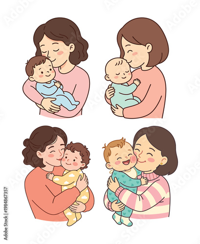 A set of adorable cartoon illustrations of mothers holding and cuddling their babies in various sweet and loving poses
