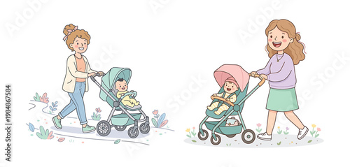 Two mothers pushing strollers with happy babies through flowers on a sunny day outdoors