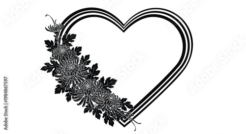 Heart-Shaped Floral Wreath, Black and White Vector Illustration, Romantic Floral Design, Heart Decor Element