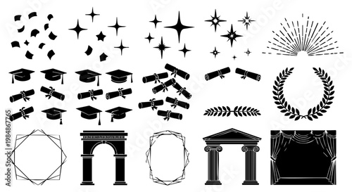 Essential Black and White Collection for Graduation Day Celebrations: Academic Caps, Diplomas, Stars, Confetti, and Elegant Frames Perfect for Graphic Design Projects