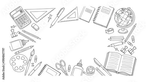 Essential School Supplies: A top-down shot of meticulously arranged school essentials creates an inviting frame, ideal for back-to-school marketing materials or educational projects.