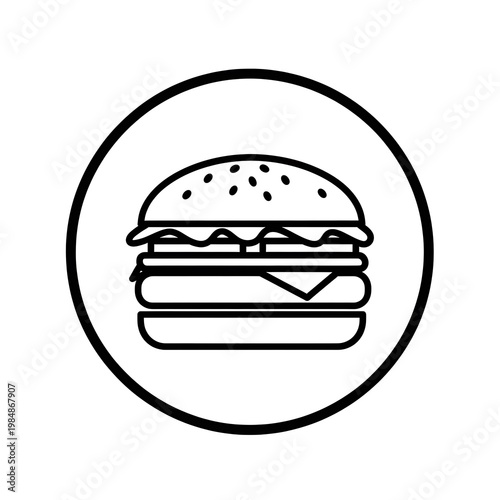 A bold black outline of a hamburger is enclosed within a thick black circle on a white background.